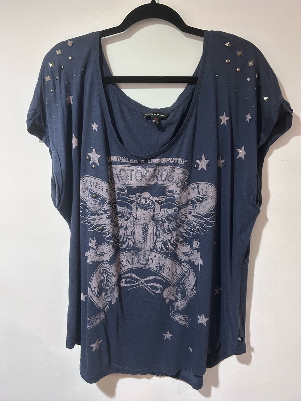 Rock & Republic Navy Studded Graphic Short Sleeve Tee
